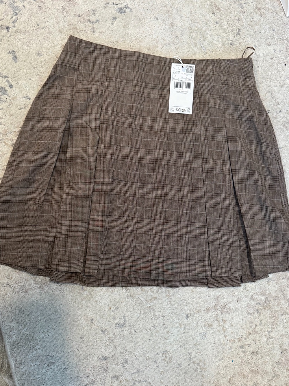 Mango Brown Plaid Pleated Mini Skirt